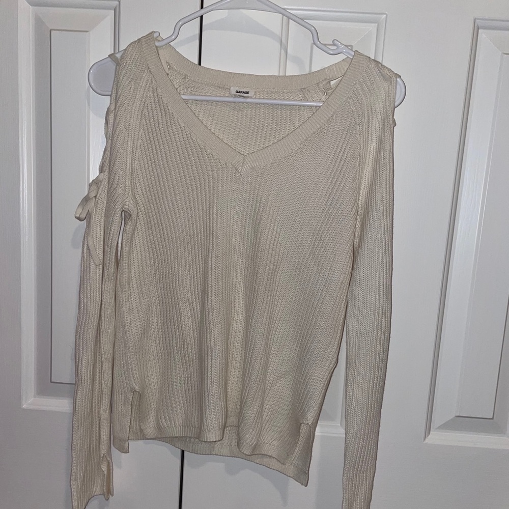 Garage tie cold shoulder sweater